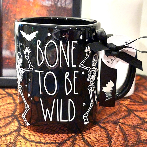 Rae Dunn Spooktacular "Bone To Be Wild" Dancing Skeletons Glossy Finish Mug NWT - Picture 2 of 8